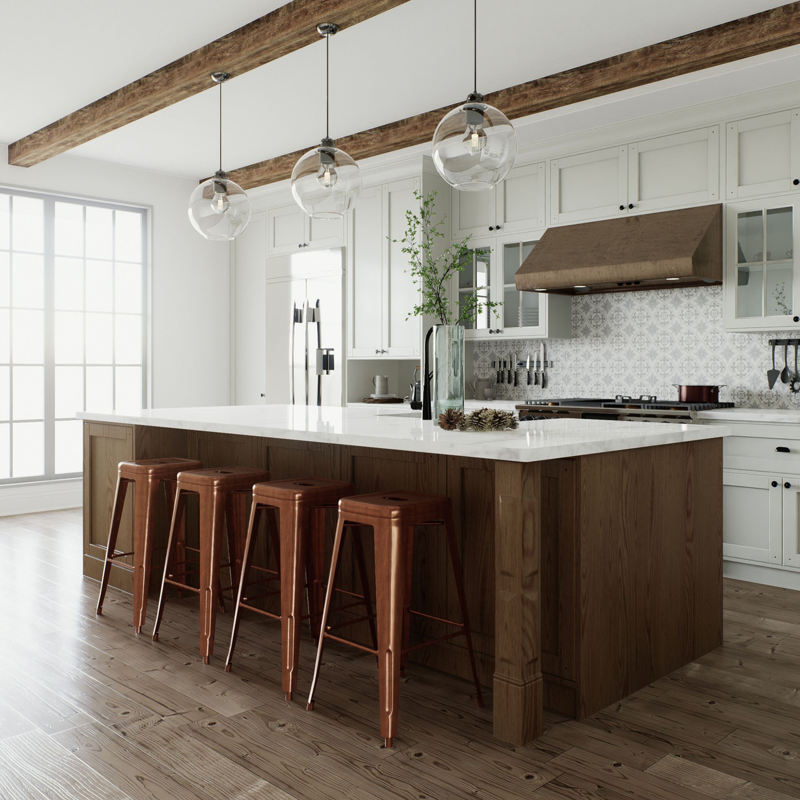 Three pendant lights hang from exposed wood beams in a modern-farmhouse kitchen.