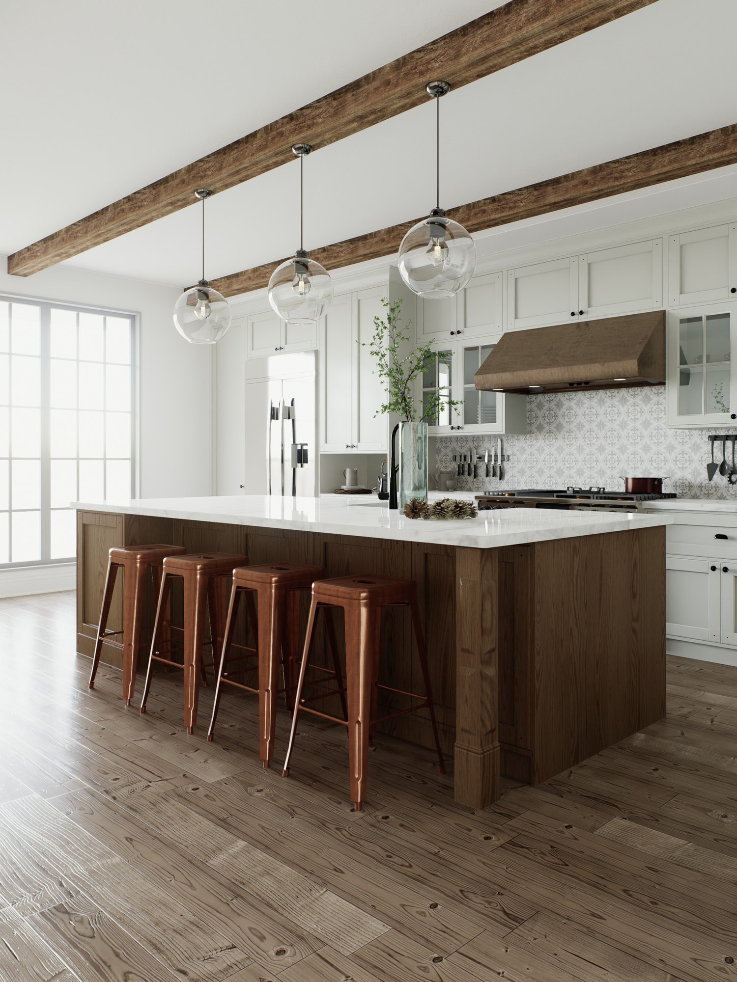 Three pendant lights hang from exposed wood beams in a modern-farmhouse kitchen.