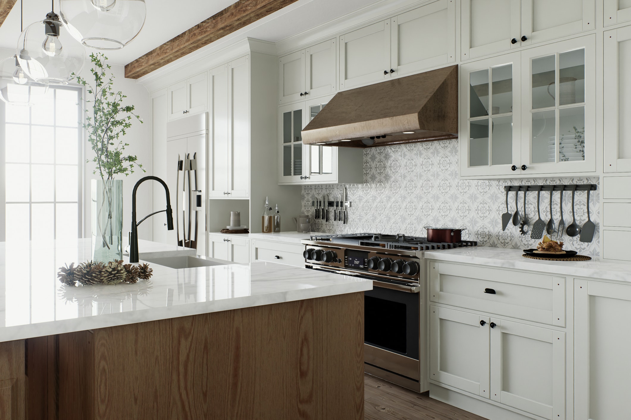 Light sage screen cabinetry and a chef's stove in a modern-farmhouse kitchen.